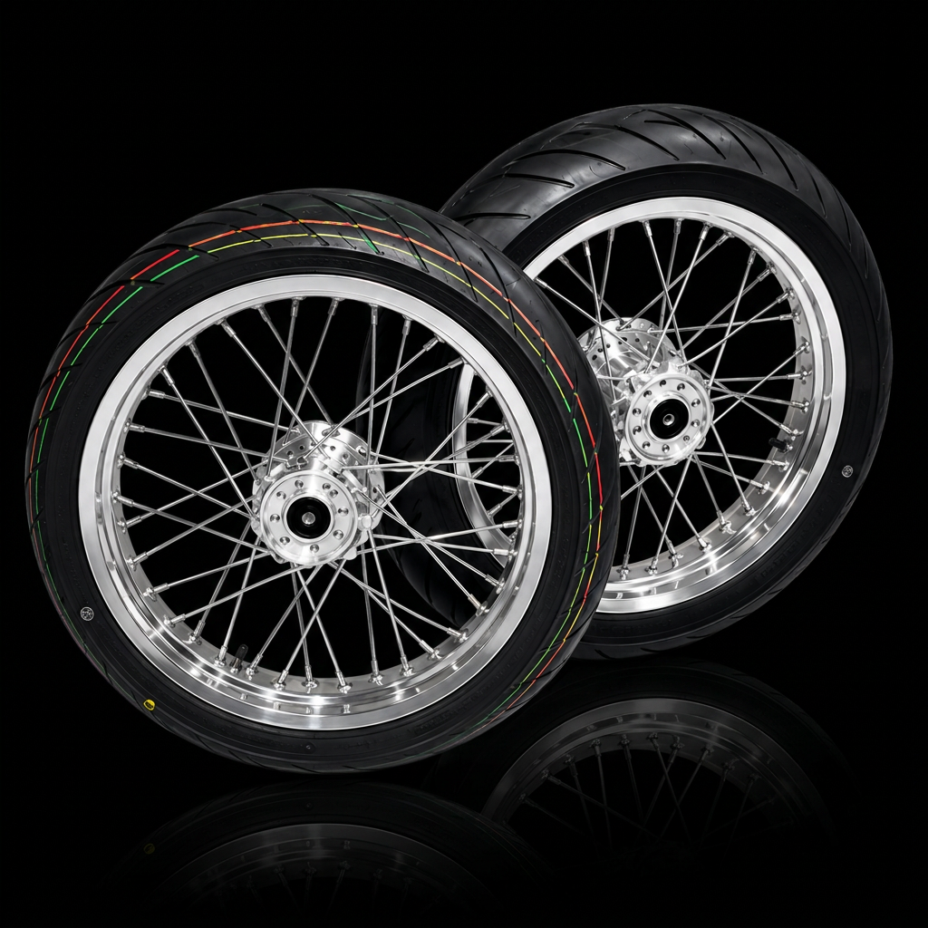 Complete 17in Emoto Super Moto Wheelset (Chrome/Black) - 79Bike/Surron/Eride/Ventus