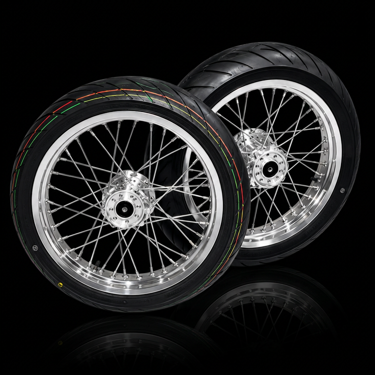 Complete 17in Emoto Super Moto Wheelset (Chrome/Black) - 79Bike/Surron/Eride/Ventus